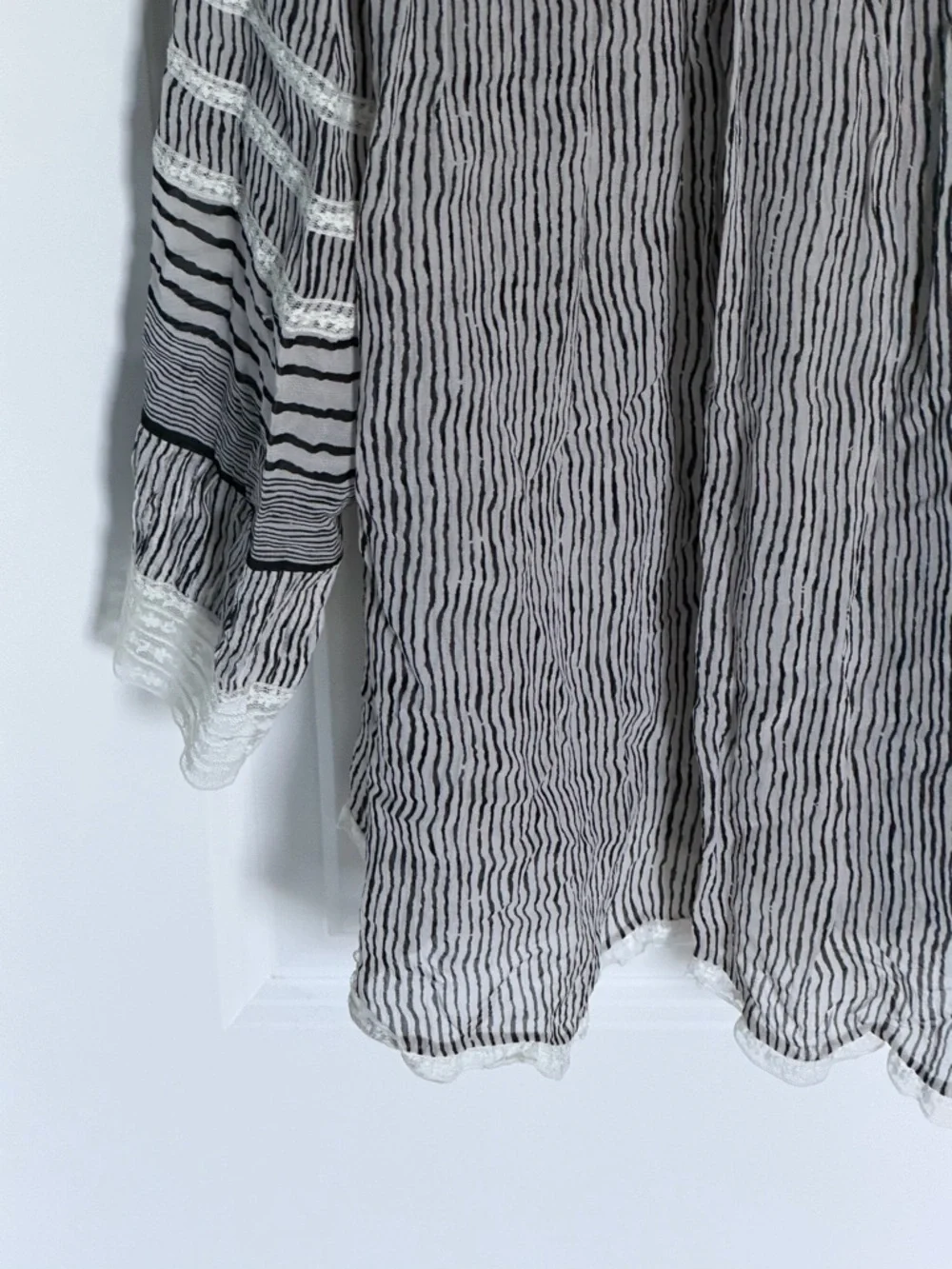Anthropologie Floreat Black Reina Pleated Lace Striped Blouse Large 39636